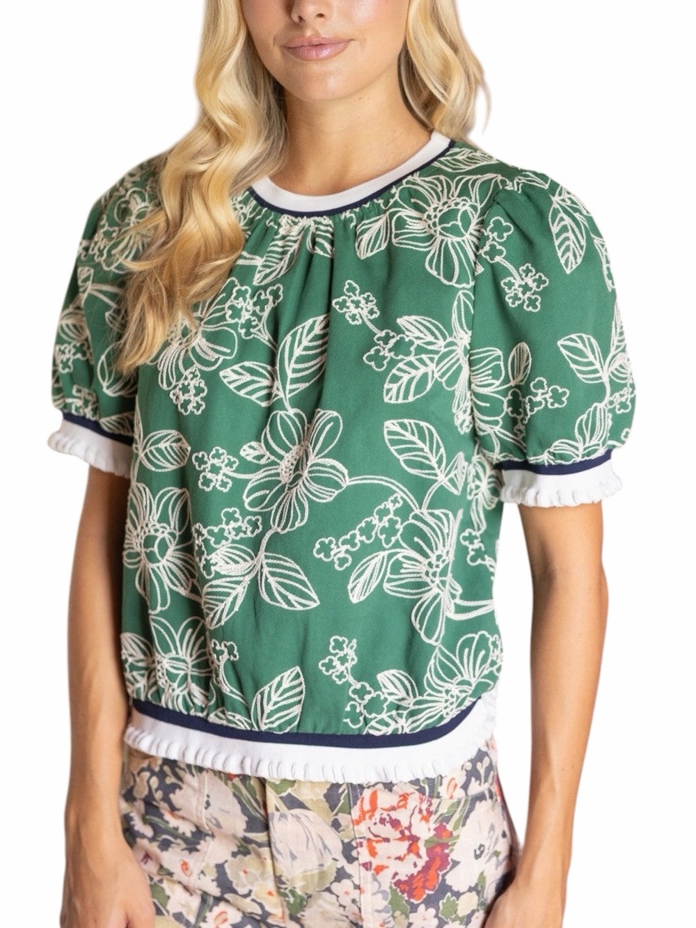 VOY Floral Embroidered Green Summer Top Puff Sleeves Size S